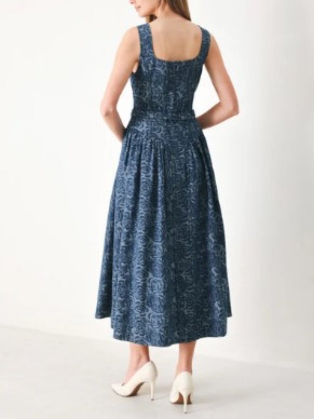 Vintage Blue Garden Denim Toile Button Front Midi Dress - Picture 3 of 3
